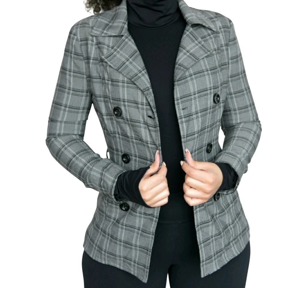 Grey Plaid Double Breasted Blazer Jacket
